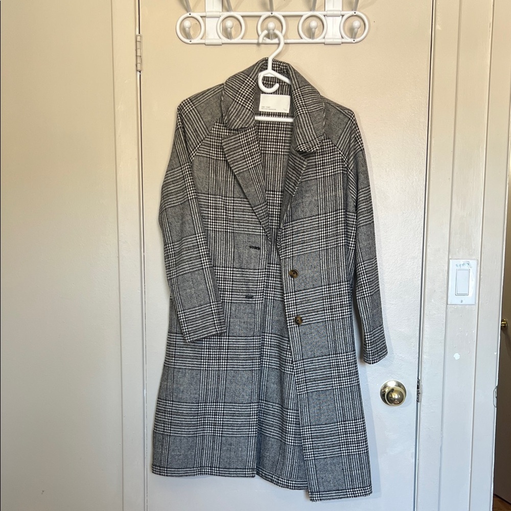 Oak + Fort Black and White Plaid Trench Coat